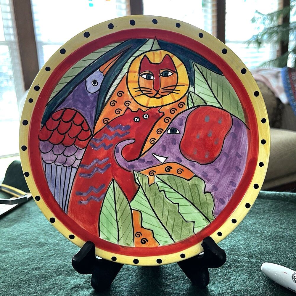 Vintage 1998 Laurel Burch  Design Studio Ceramic 8" Plate Cat Elephant Bird Rare